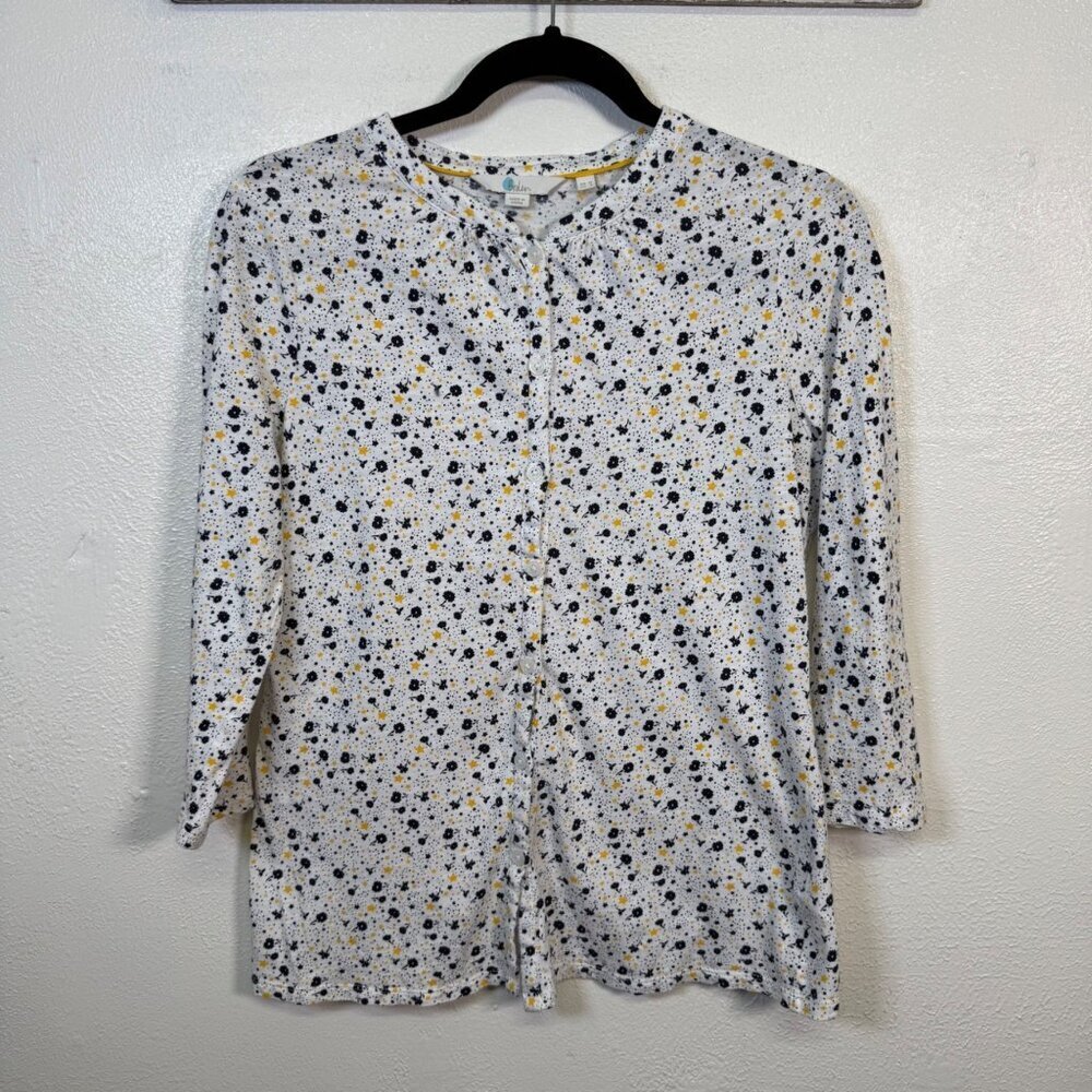 Boden Women's Us 8 Top 3/4 Sleeve Button Front 100% Cotton Flowers & Stars